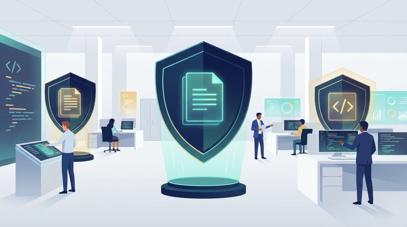 AIガバナンスと知的財産保護を象徴する、デジタルシールドで保護されたドキュメントとソースコードアイコンが浮かぶ近未来的なオフィス環境のイラスト