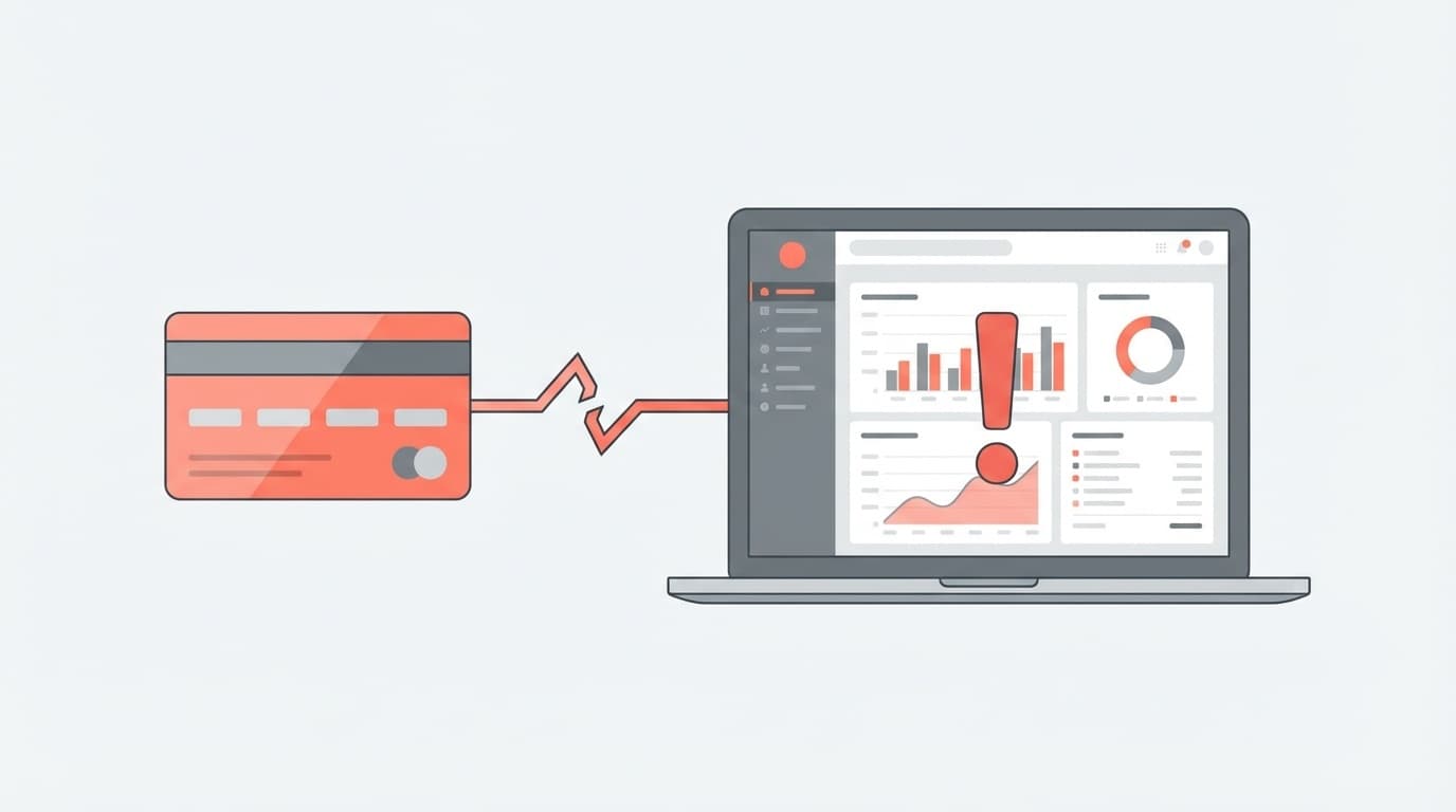 会計ソフトとクレジットカードの連携エラーを表すイラスト