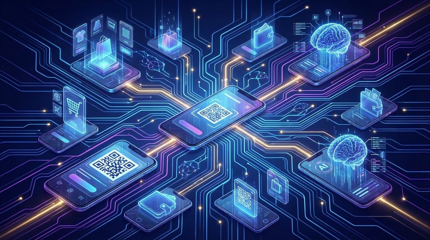 AIエージェントが決済・在庫・配送を自律的に処理するスーパーアプリのコマース基盤を表す抽象イラスト