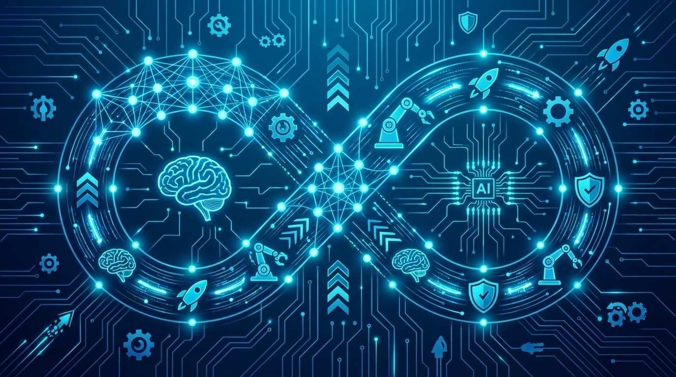 Agentic DevOps ── 自律型CI/CDパイプラインを表す抽象的なビジュアル