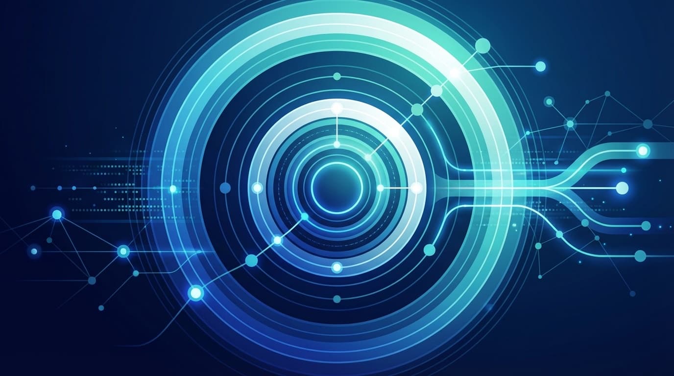 Agentic Trust Frameworkの概念図:AIエージェントの信頼レベルを表す同心円状のリングとノード接続