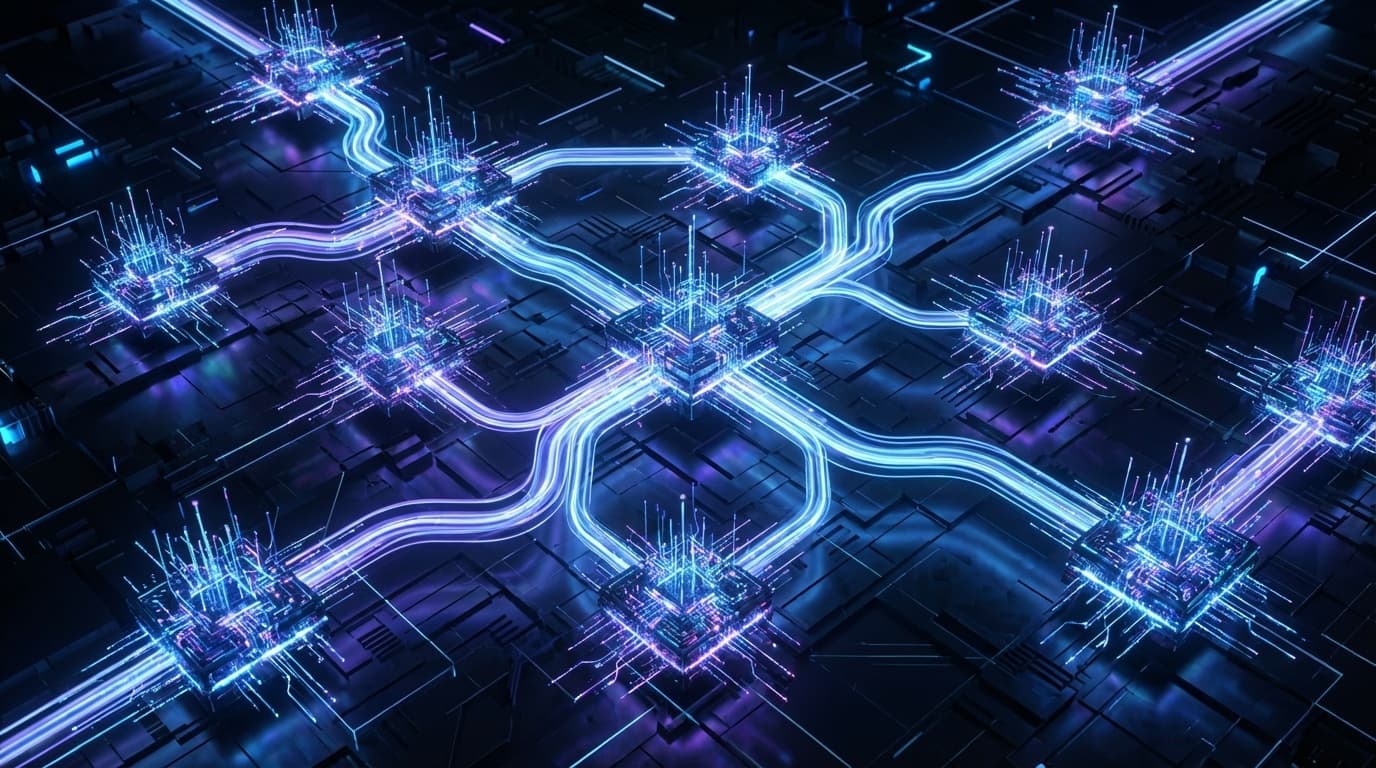 AIエージェントの相互接続ネットワークを表す抽象的なデジタルアートイラスト
