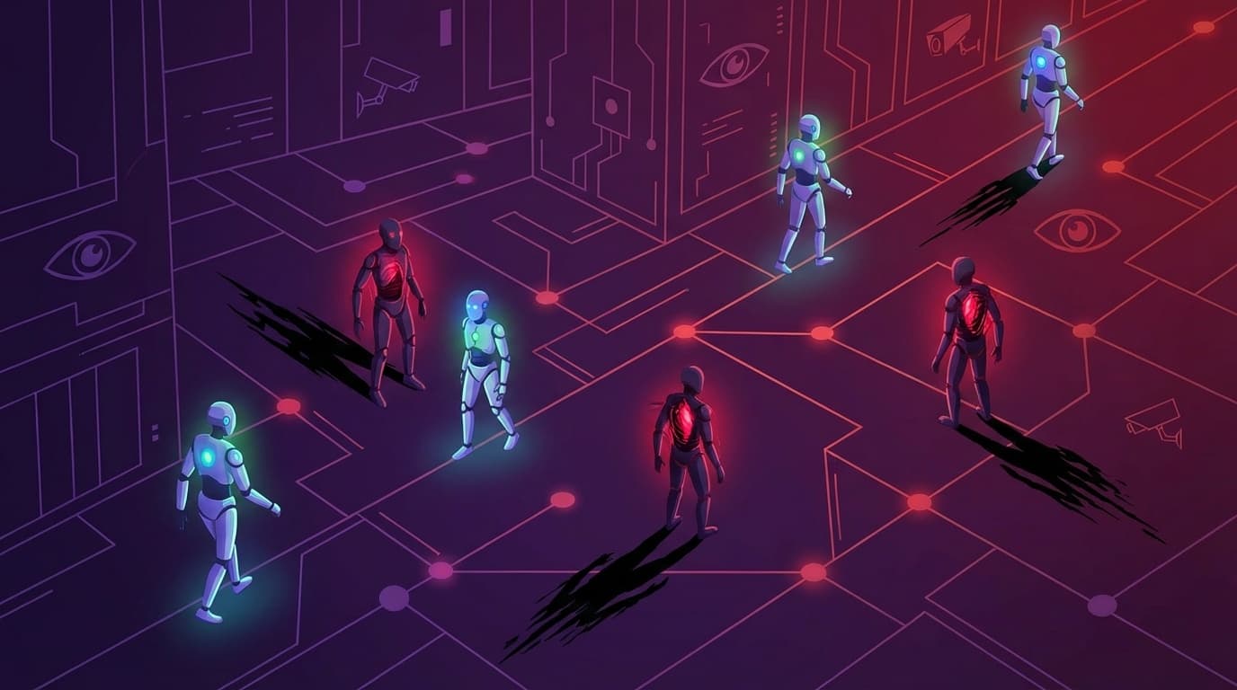 AIエージェントのインサイダー脅威を表す抽象的なサイバーセキュリティイラスト