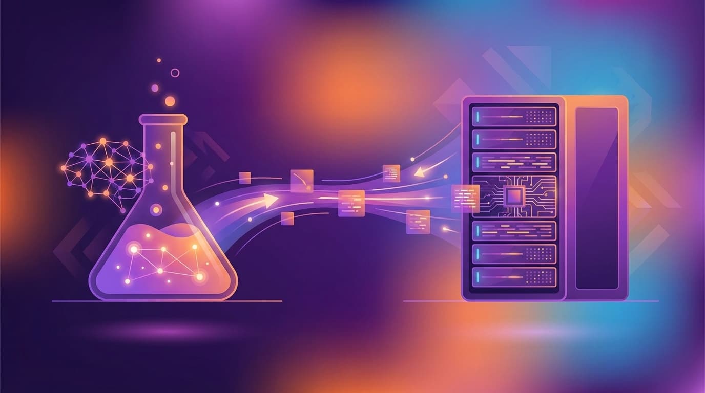 AIエージェント本番運用: 実験から本番への移行を表す抽象的イラストレーション