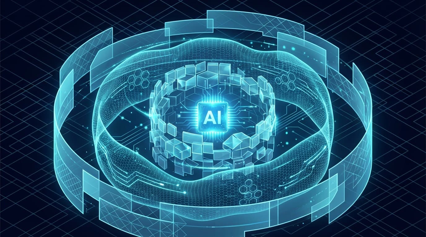 AIエージェントの多層隔離アーキテクチャを表現した概念図。同心円状の半透明シールドがAIコアを囲む構造で、MicroVM・gVisor・Landlockによるセキュリティ層を視覚化