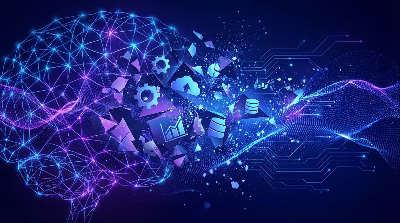 AIエージェントがSaaSソフトウェアを蝕む様子を表現した抽象的イラスト