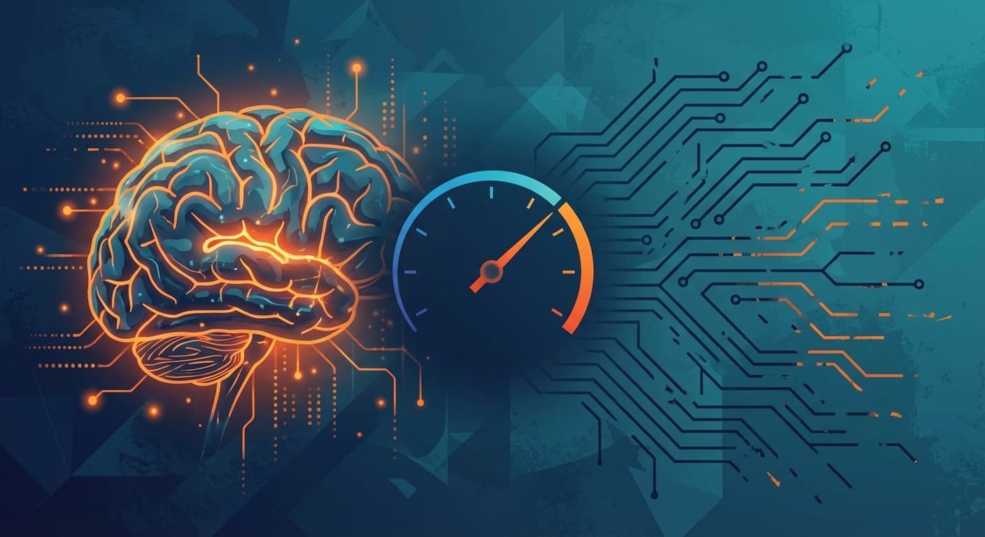 AI補助学習の生産性パラドックスを表す概念図:輝く神経回路の人間の脳とスピードメーター、デジタル回路パターンの対比