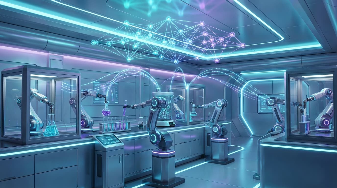 AIとロボットアームが連携して化学実験を行う未来の自律型研究所のイメージ