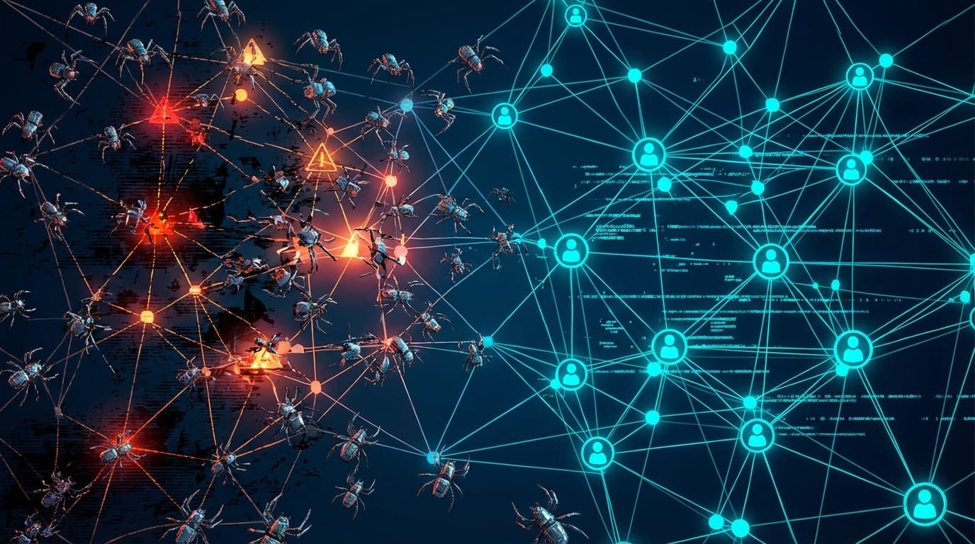 AIボットの群れがWebネットワークを侵食する概念図。左半分はボットに破壊されたノード、右半分は人間のノードが健在なネットワークを表現