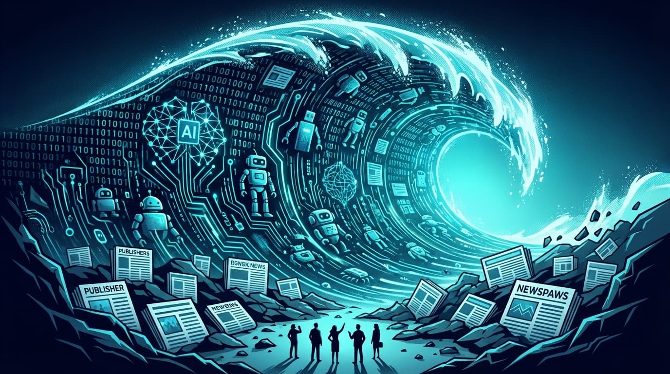 AIボットの巨大なデジタル波がパブリッシャーのWebサイトを飲み込む様子を描いた概念図