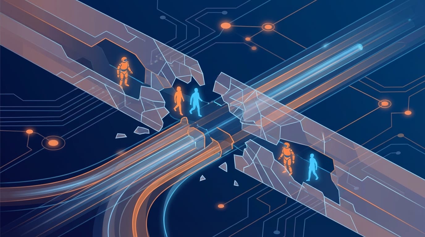 AIボットと人間のトラフィックが交差するデジタルハイウェイの概念図。壊れたバリアがrobots.txtの形骸化を象徴している