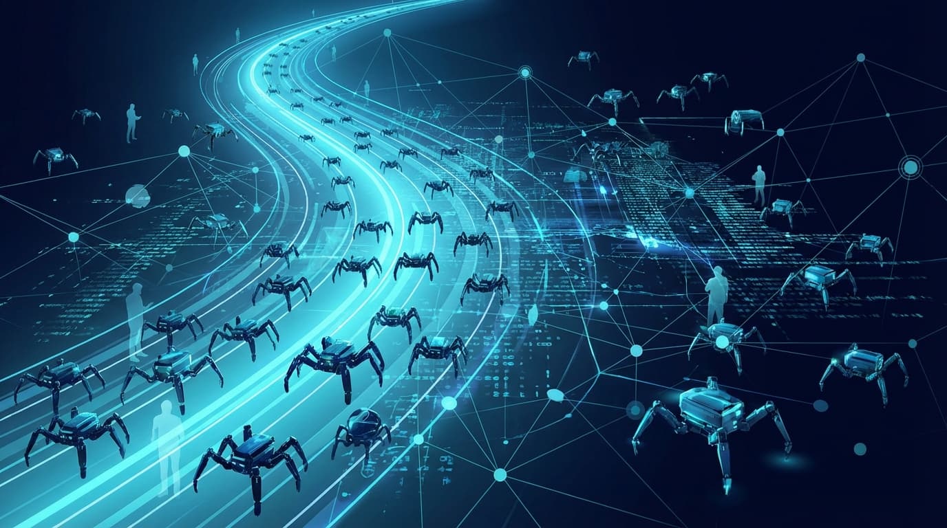 AIボットクローラーがデジタルハイウェイを埋め尽くし人間のシルエットを圧倒する未来的なイラスト