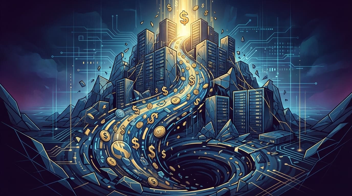 AIデータセンターの山から流れ落ちるキャッシュフローを表す概念的イラスト