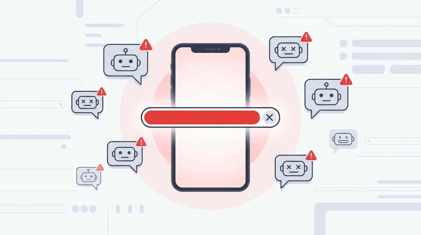 AIチャットの利用制限を示すスマートフォンとチャットボットアイコンのイラスト