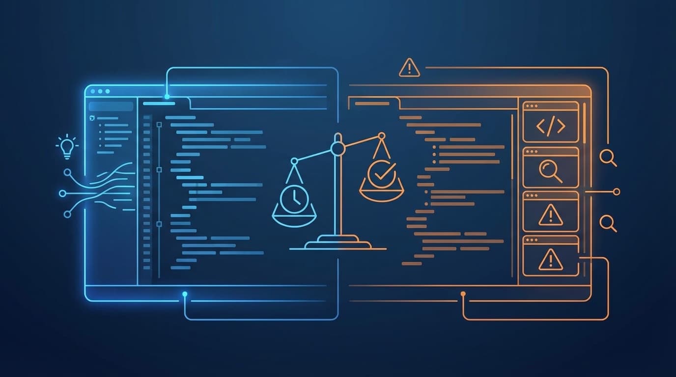 AIコーディングツールのイメージ:スピードと品質のトレードオフを示す天秤とコードエディタ