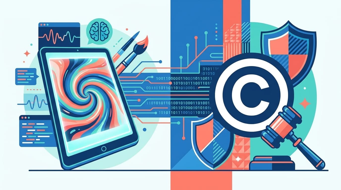 生成AI画像の著作権と商用利用リスクを表すイラスト