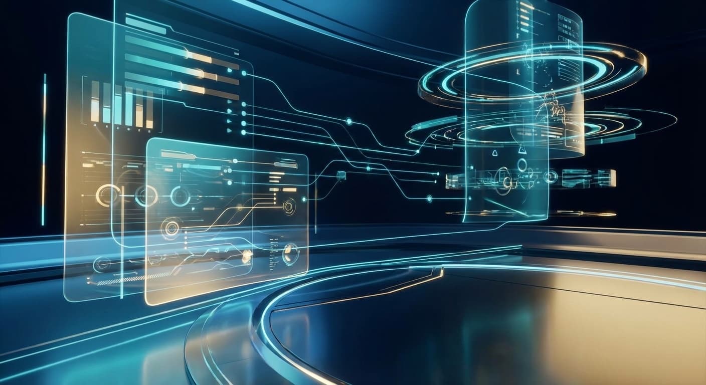 AIガバナンスROI測定ダッシュボードのイメージ ── ホログラフィックなデータ表示と制御室のコンセプトアート