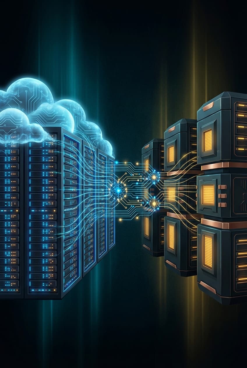 AI推論経済の転換点を象徴するクラウドからオンプレミスへの移行を表現したデータセンターインフラの概念図