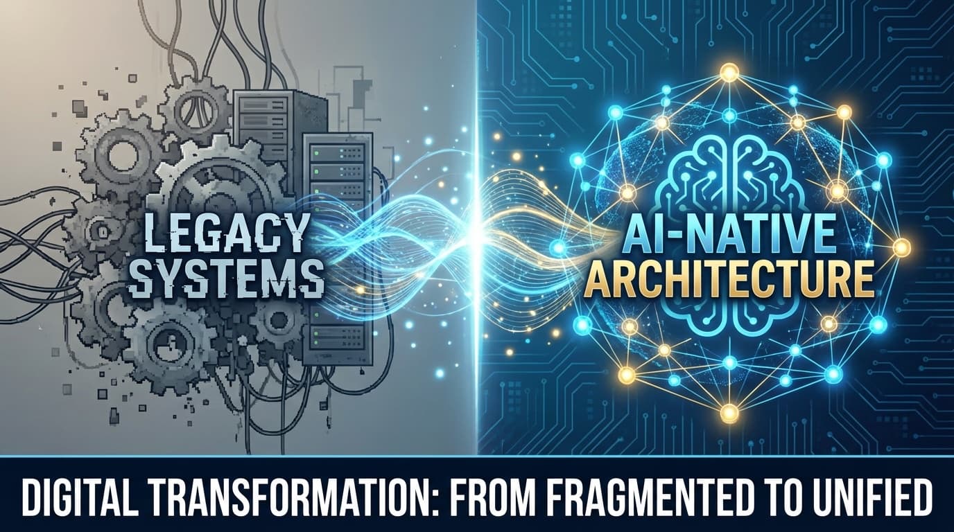 レガシーシステムからAI-Nativeアーキテクチャへの変革概念図