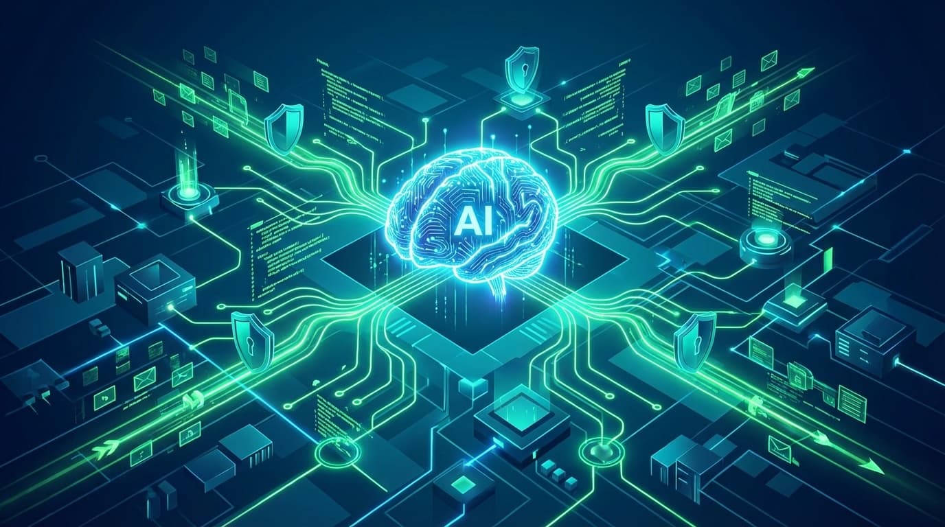 AI駆動ペネトレーションテストの概念図:中央のAI脳がセキュリティスキャンノードとネットワークで接続された未来的なサイバーセキュリティの抽象イラスト