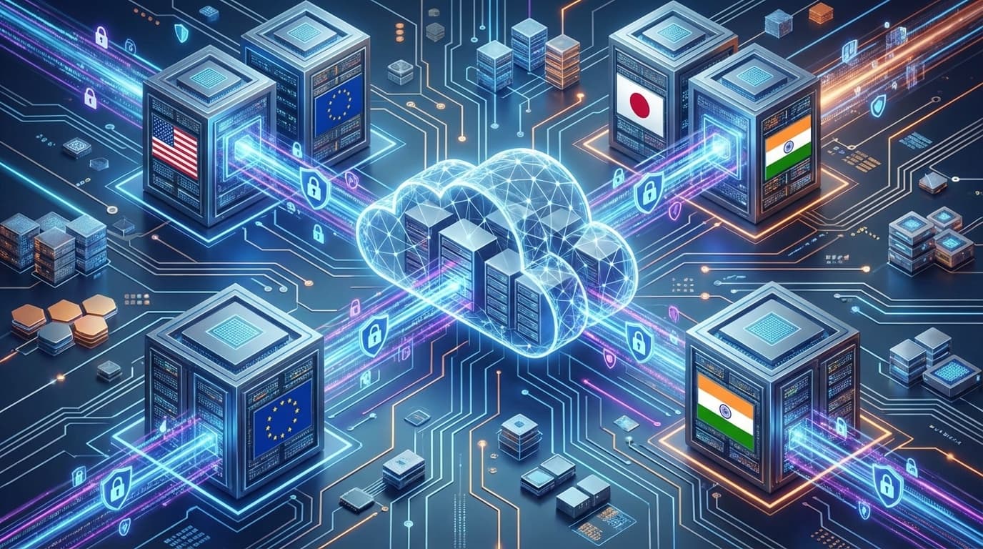 AIソブリンティとハイブリッドクラウドアーキテクチャを表す抽象的なデジタルイラスト