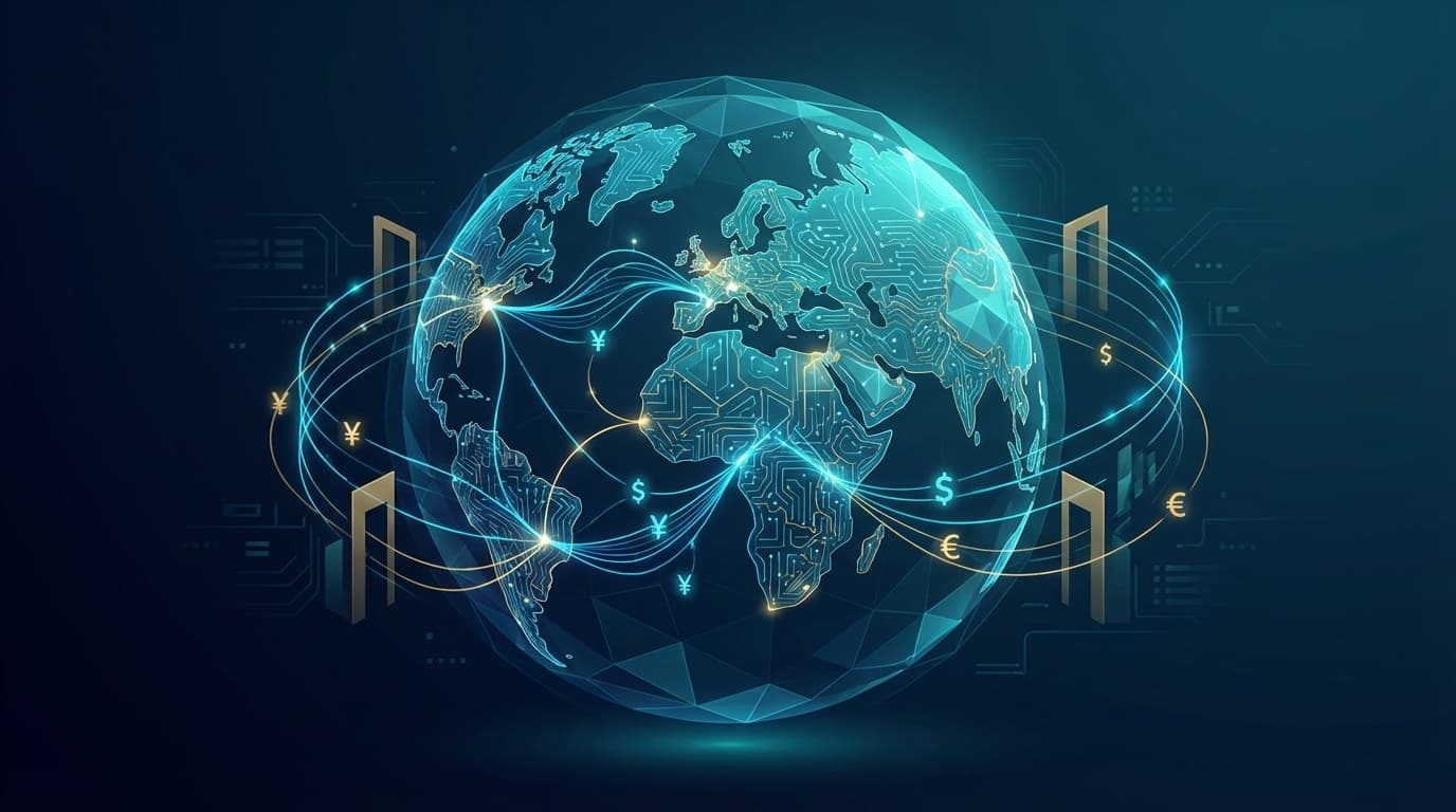 AIと国際貿易を表す概念図:地球を取り巻くデジタルネットワークと通貨シンボル