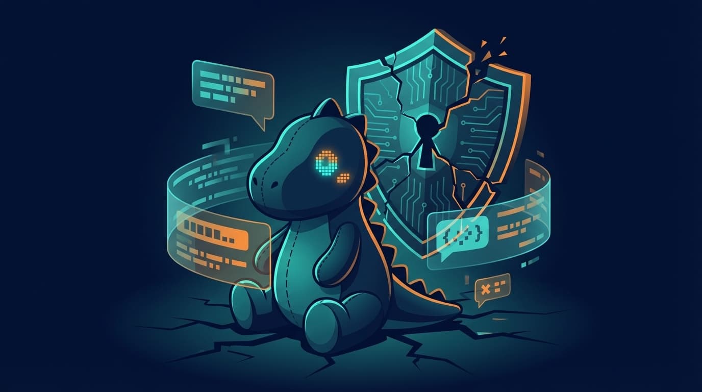 AIぬいぐるみ恐竜と壊れたデジタルシールドのイラスト──IoTトイのセキュリティ脆弱性を象徴する概念図