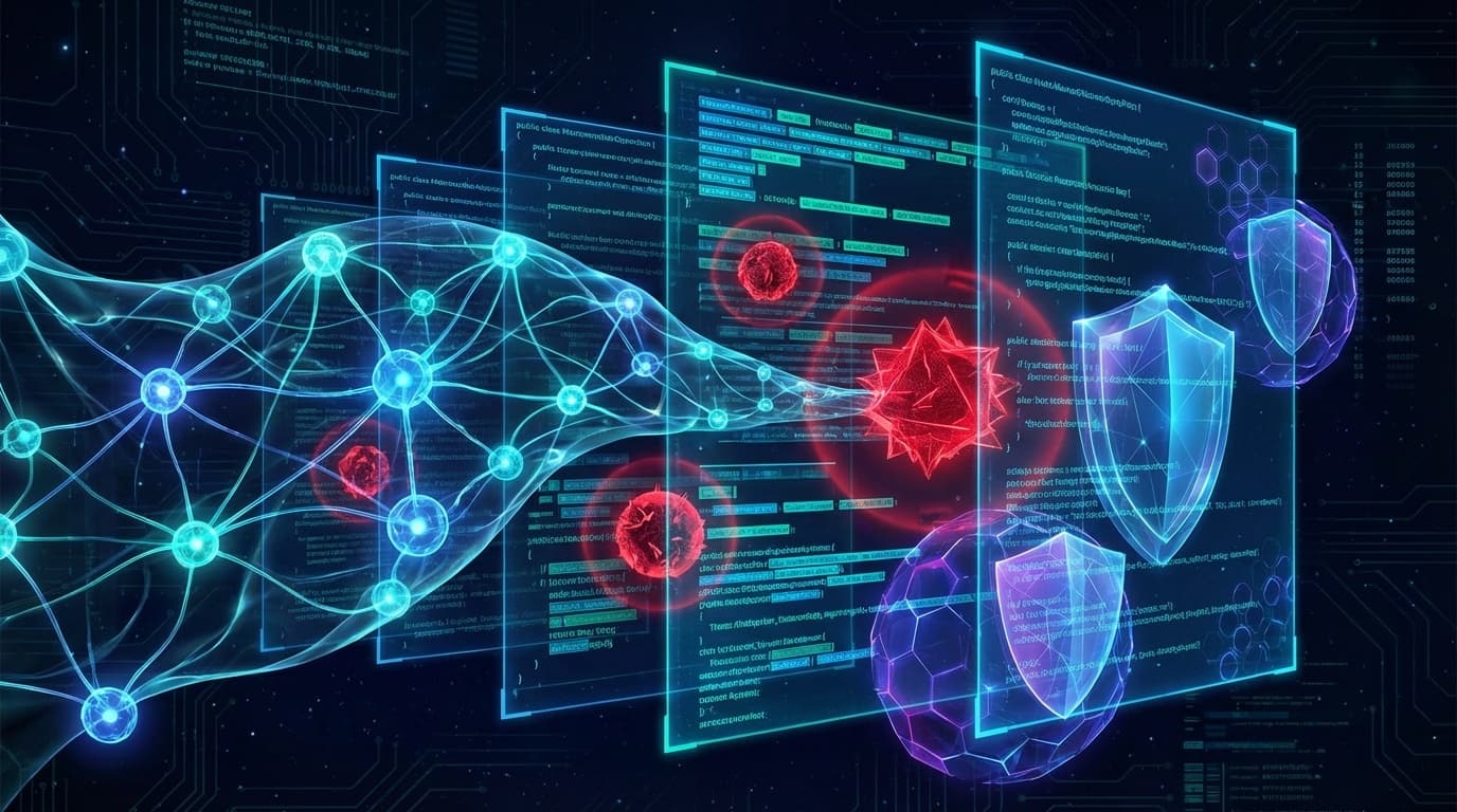 AIニューラルネットワークがコードベースをスキャンし脆弱性を検出する概念図