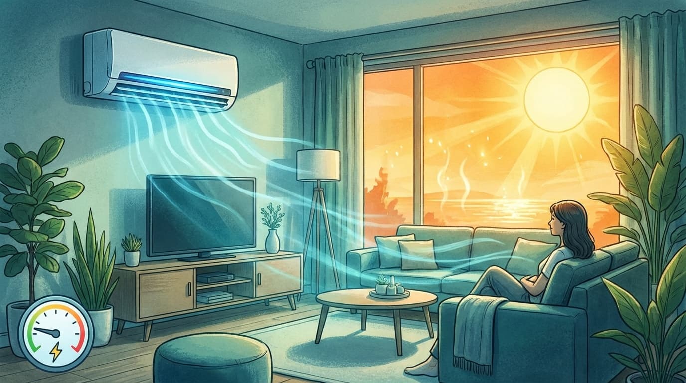 エアコンつけっぱなしと電気代のイラスト