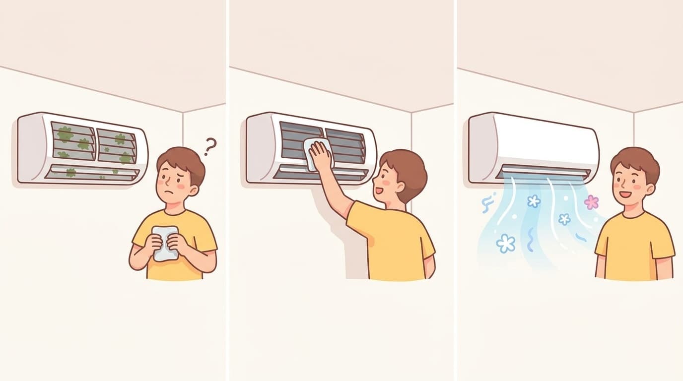 エアコン内部のカビ汚れと掃除のイメージイラスト