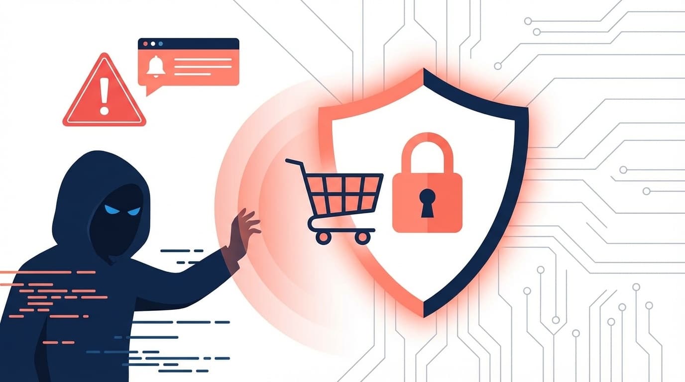 Amazonアカウントの不正ログインからショッピングカートを守るセキュリティシールドのイラスト