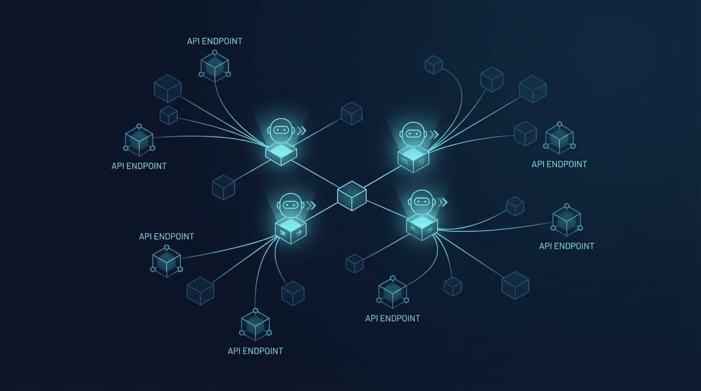 AIエージェントがAPIエンドポイントを消費するネットワーク図