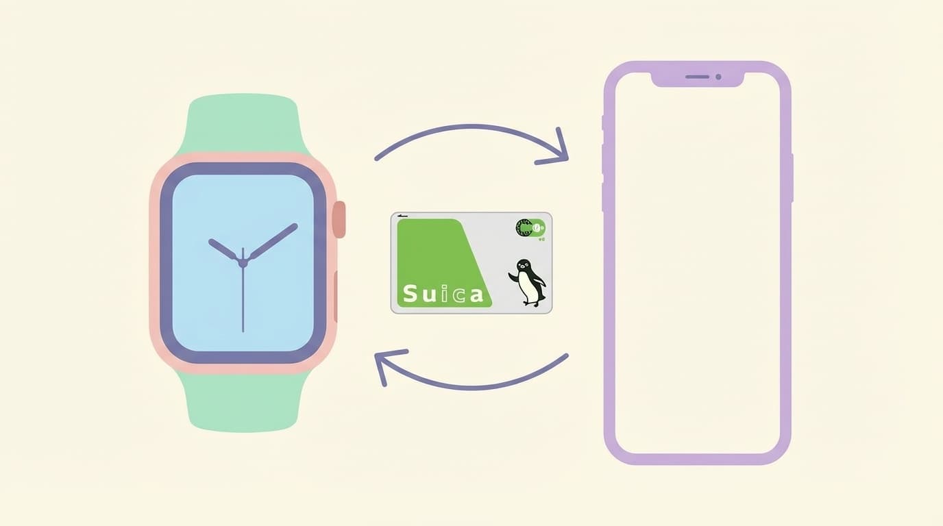 Apple WatchとiPhoneの間でSuicaを転送するイメージイラスト