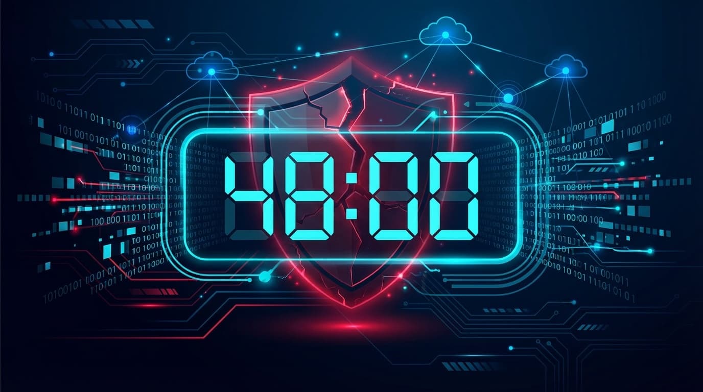 APT28 Operation Neusploitによるワンデイ攻撃を象徴する、48時間カウントダウンと破壊されたセキュリティシールド、クラウドC2ネットワークのサイバーセキュリティ概念図