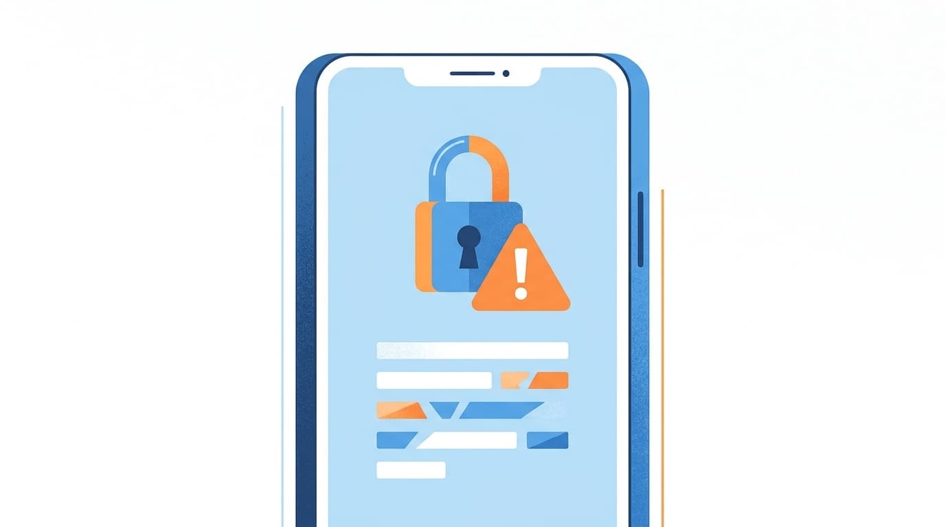 認証アプリのコードが消えてログインできない状況を表すスマートフォンとロックアイコンのイラスト