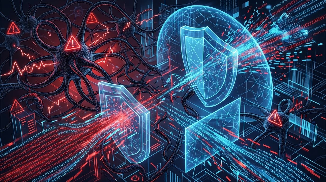 自律型攻撃AIとサイバー防御を表す抽象的なデジタルイラスト