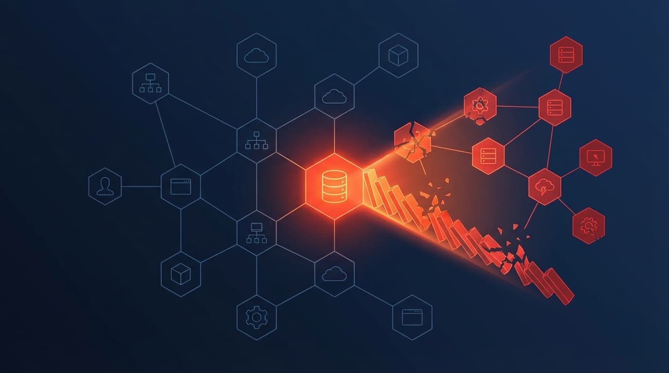 クラウドインフラのカスケード障害を表す抽象的なネットワークグラフ。中央のストレージノードから障害が波及する様子を視覚化