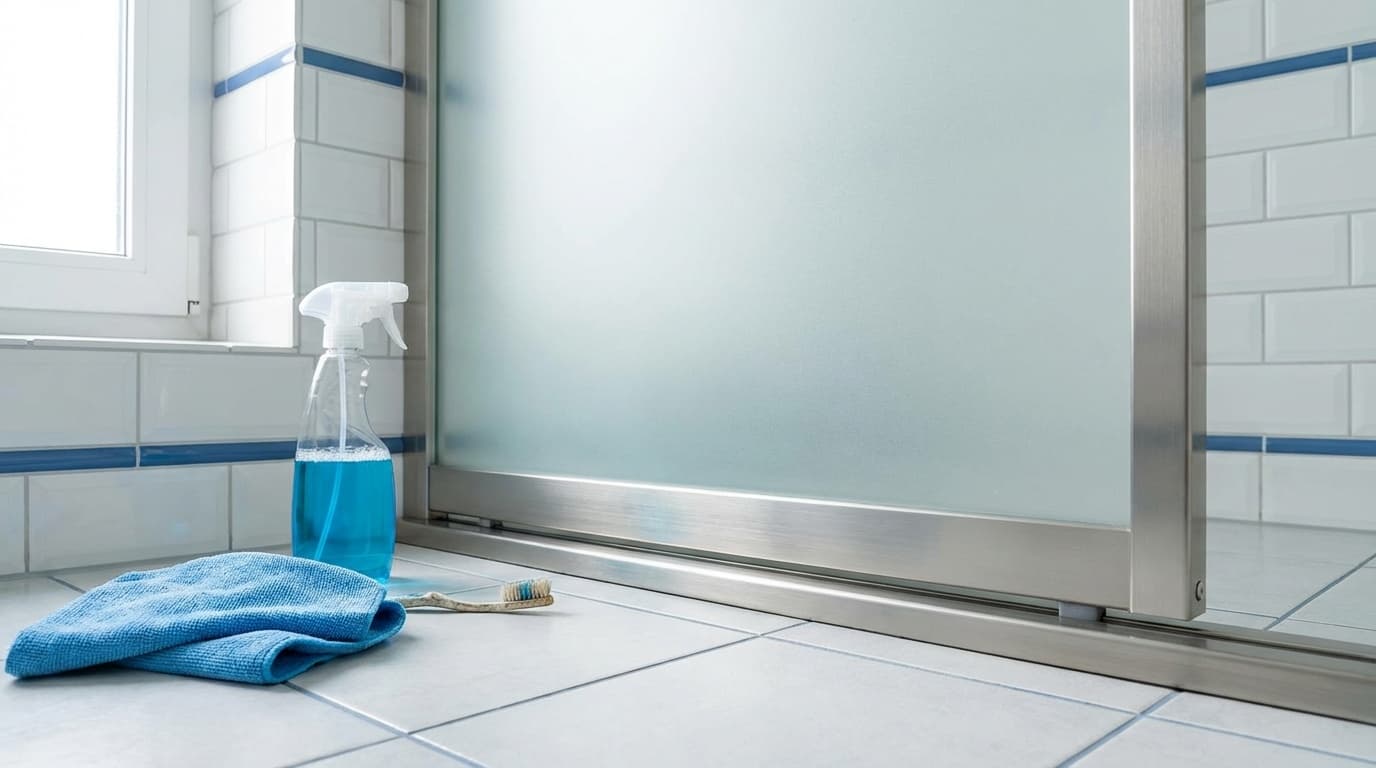 お風呂のドアレールとパッキンの掃除道具(スプレーボトル・歯ブラシ・クロス)