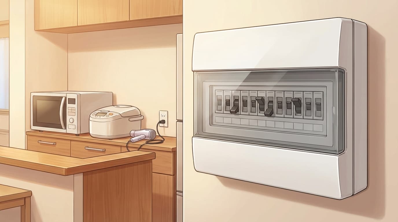 ブレーカーが落ちた分電盤と家電のイメージ