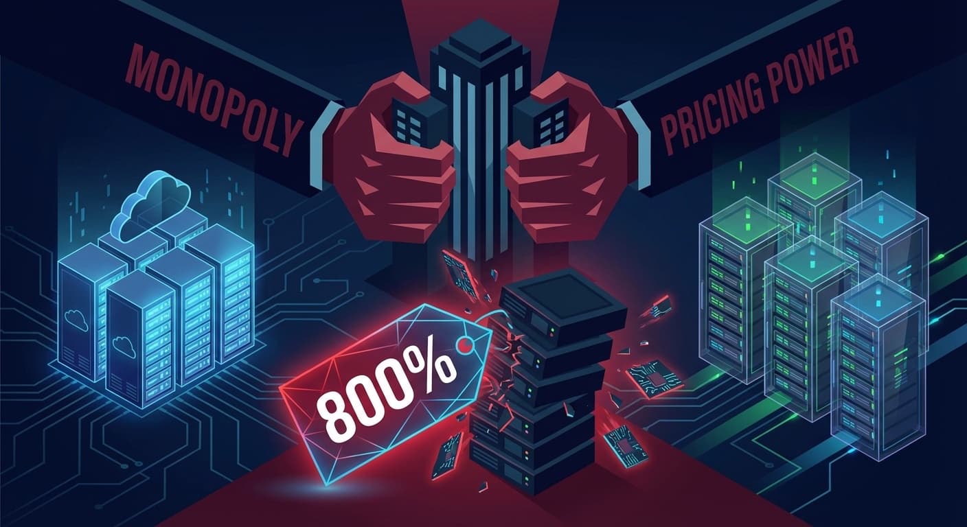 Broadcom VMware買収による800%値上げとインフラ強制移行を表す概念図