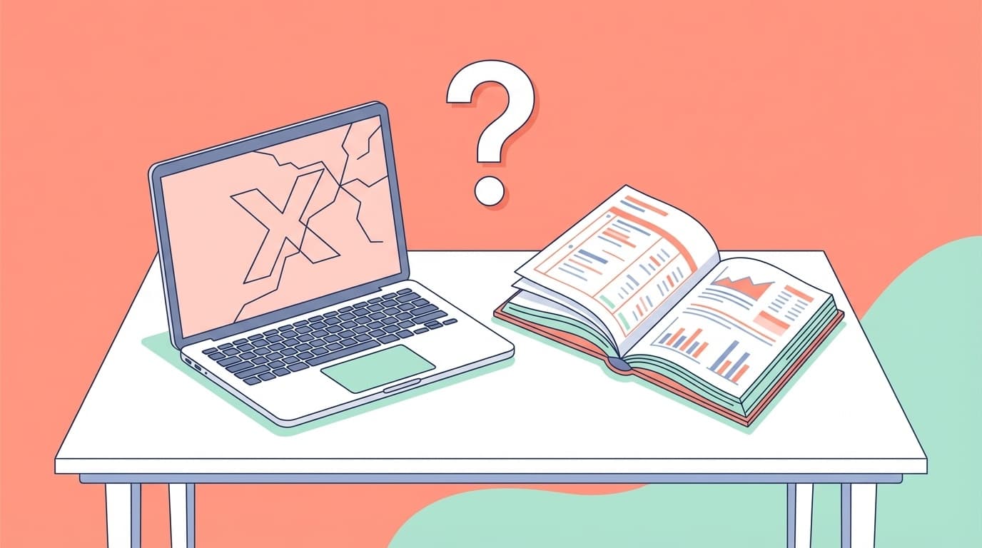 壊れたパソコンと帳簿のイラスト — 固定資産の除却処理