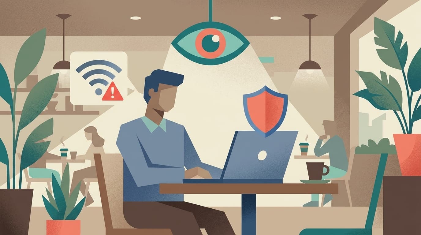 カフェでノートパソコンを使ってリモートワークする人とWi-Fiセキュリティの警告アイコン