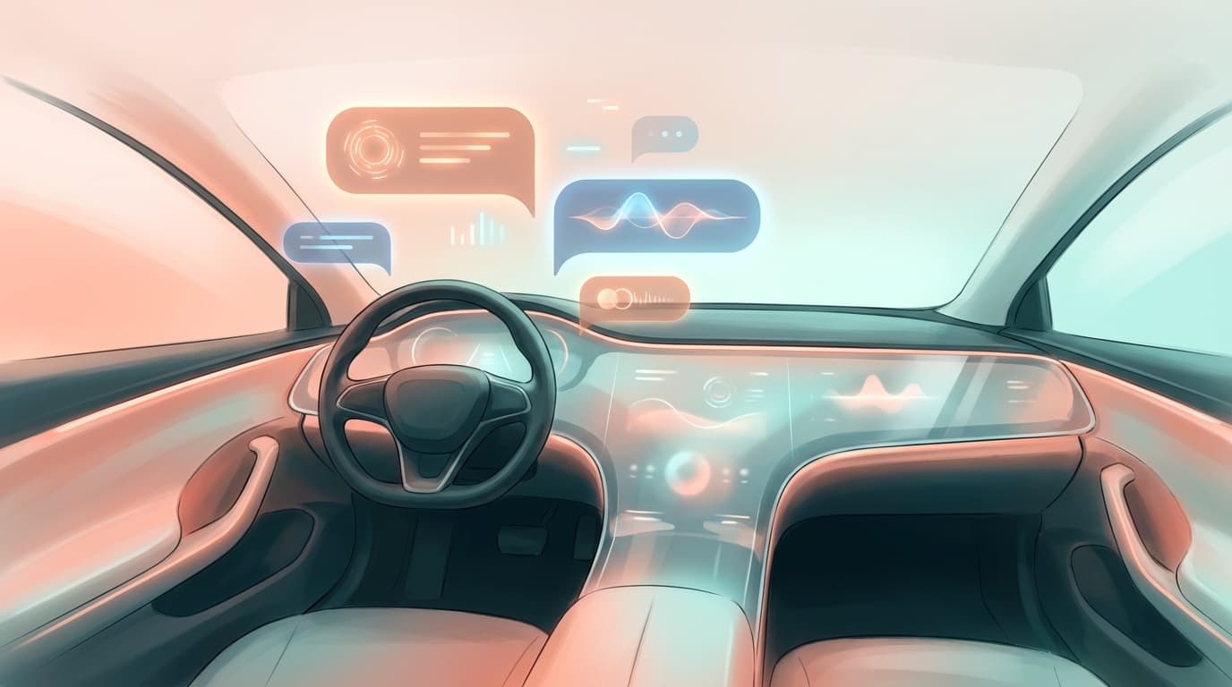 Apple CarPlayとAIアシスタントが融合した近未来的な車載ダッシュボードのイメージ