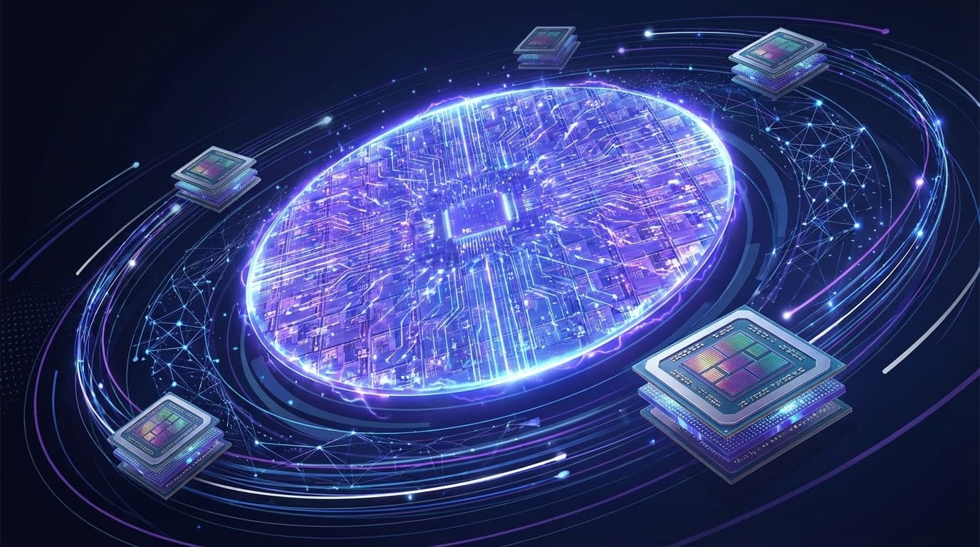 ウェーハスケールチップとGPUの対比を描いた抽象的テクノロジーイラスト