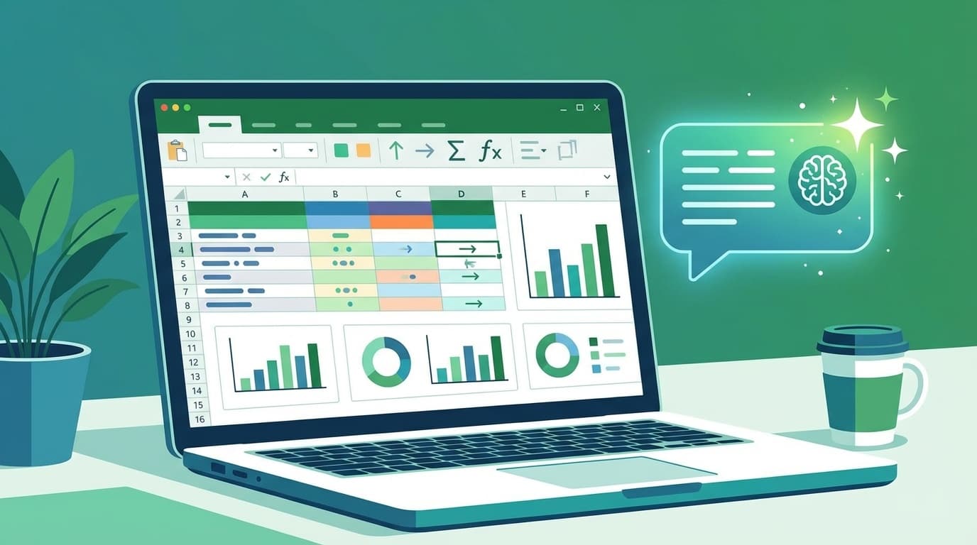 ExcelのスプレッドシートとAIチャットバブルのイラスト