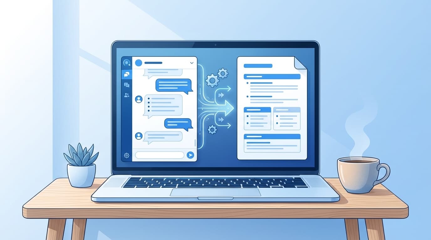 ChatGPTで会議の議事録を作成するイメージ — ノートパソコンのチャット画面にメモが整理される様子