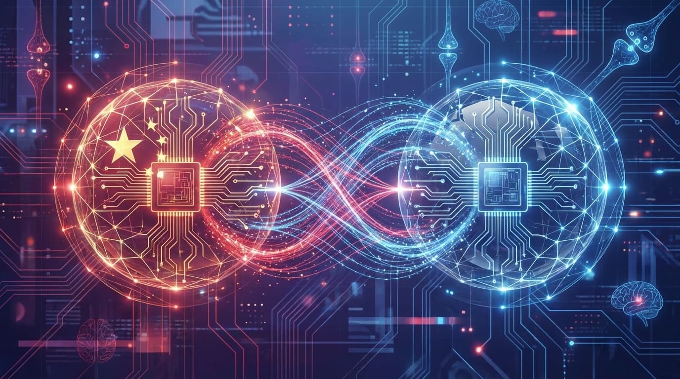 中国オープンソースAIの台頭を表す抽象的なデジタルイラスト