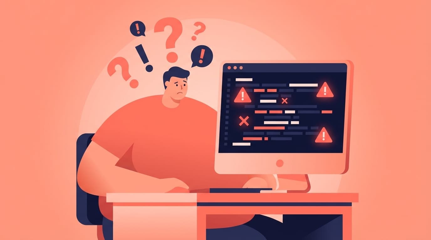 ターミナル画面の前で困惑する人のイラスト — Claude Codeのハマりパターンと対処法