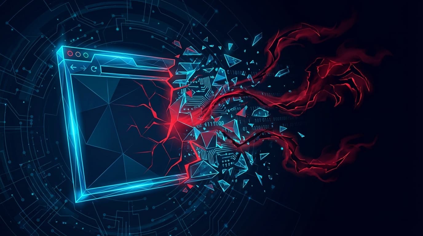 ブラウザウィンドウが破砕しデジタルフラグメントと悪意あるコードが飛散する抽象的サイバーセキュリティイラスト