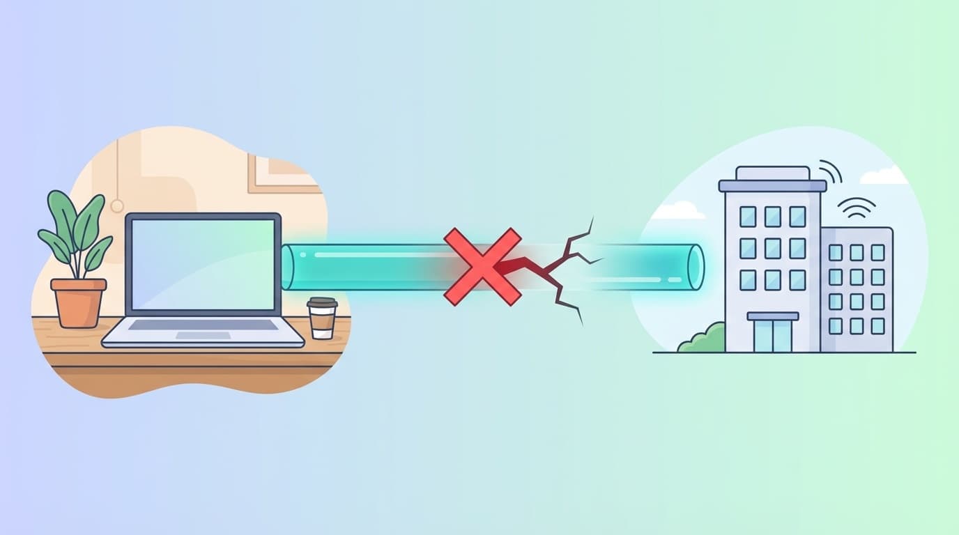 会社のVPN接続が切断されたイメージ。ノートPCからオフィスへのトンネルが途切れている様子